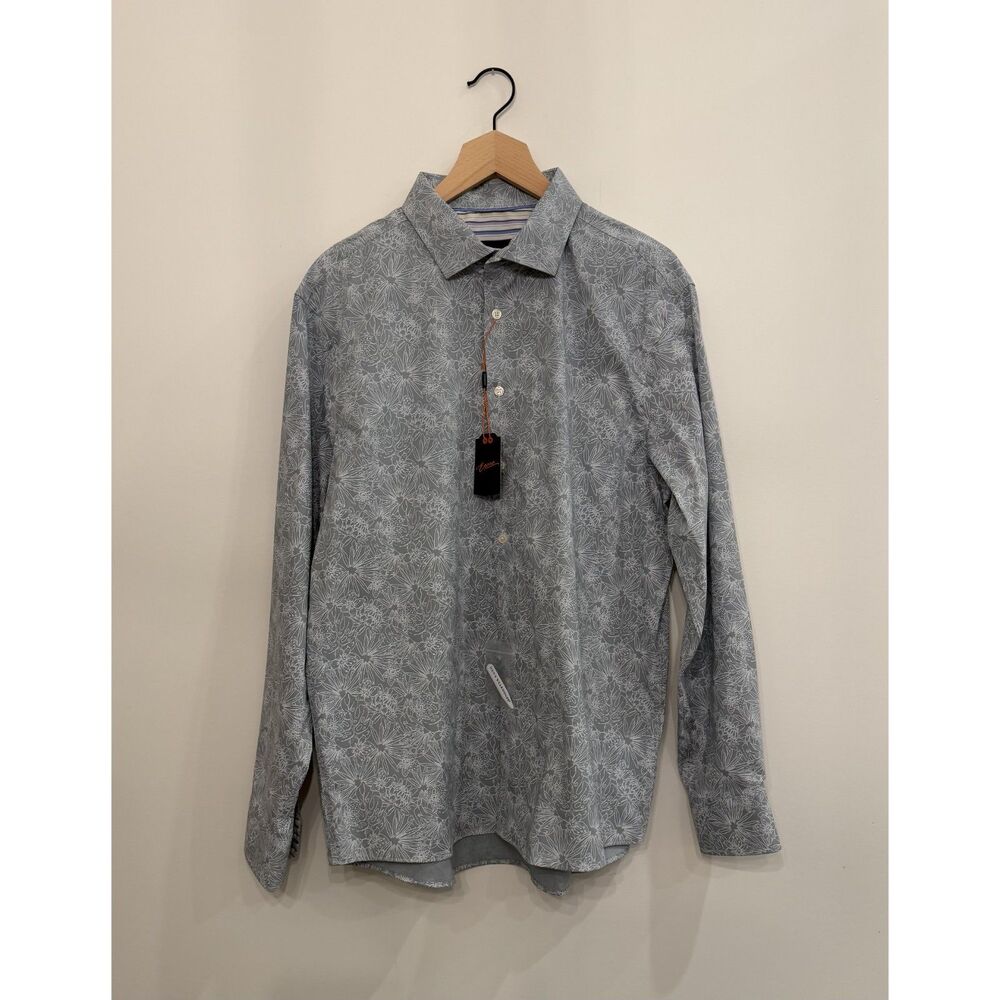 NWT EGARA Men's XL Slate Blue Floral Slim Fit Stretch Dress Shirt